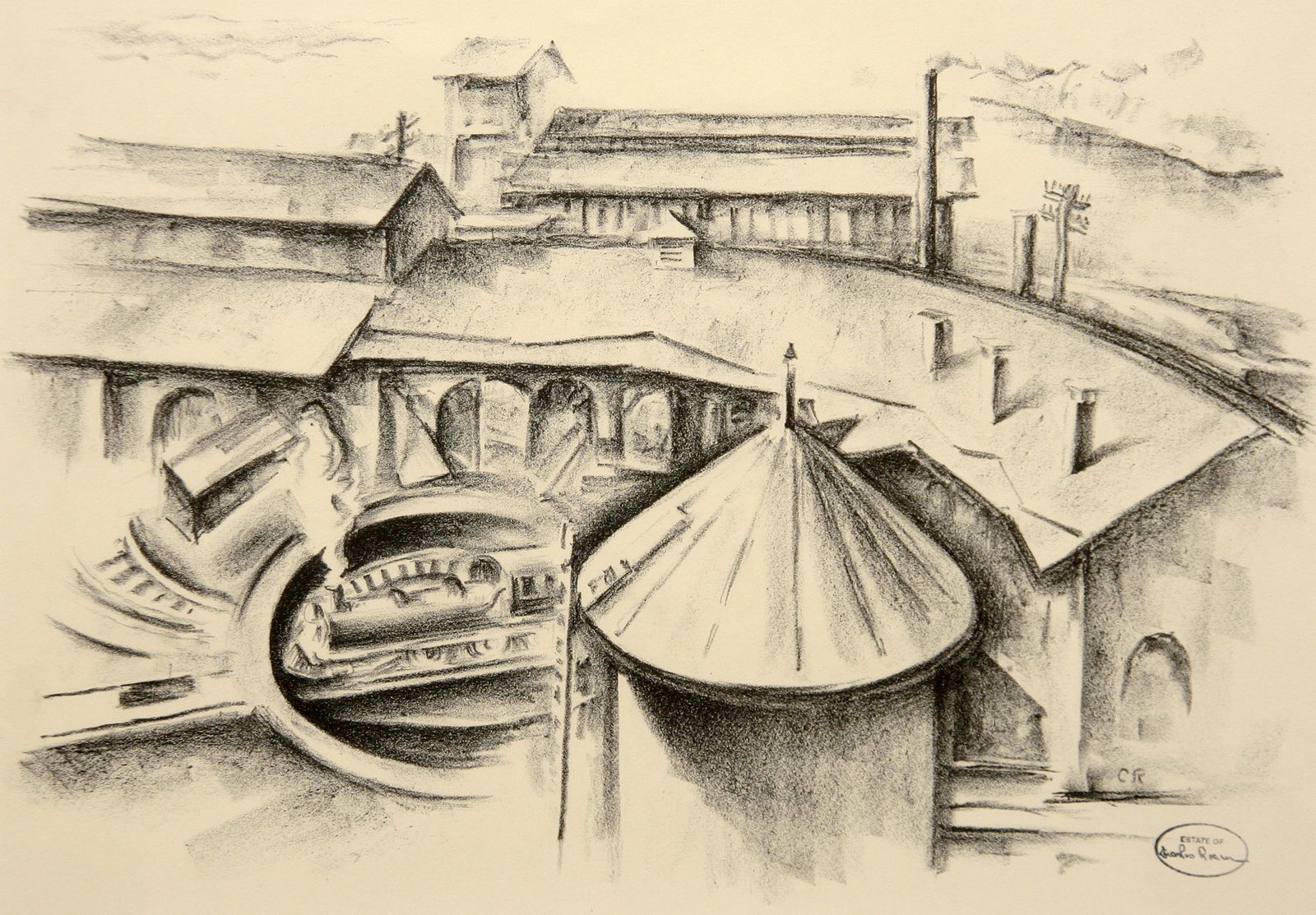 Charles Rosen (1878-1950): "Kingston Railroad Roundhouse"; c. 1930; Lithograph; 9.25" x 13.25"; Estate Stamp Lower Right; Framed (under glass).