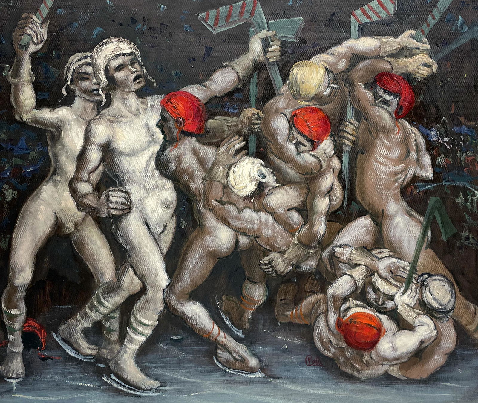 Albert Pels (1910 - 1988): "Gladiators"; c. 1980s; Oil on Canvas (unstretched); 21" x 25"; Signed Lower Center Right; Unframed.