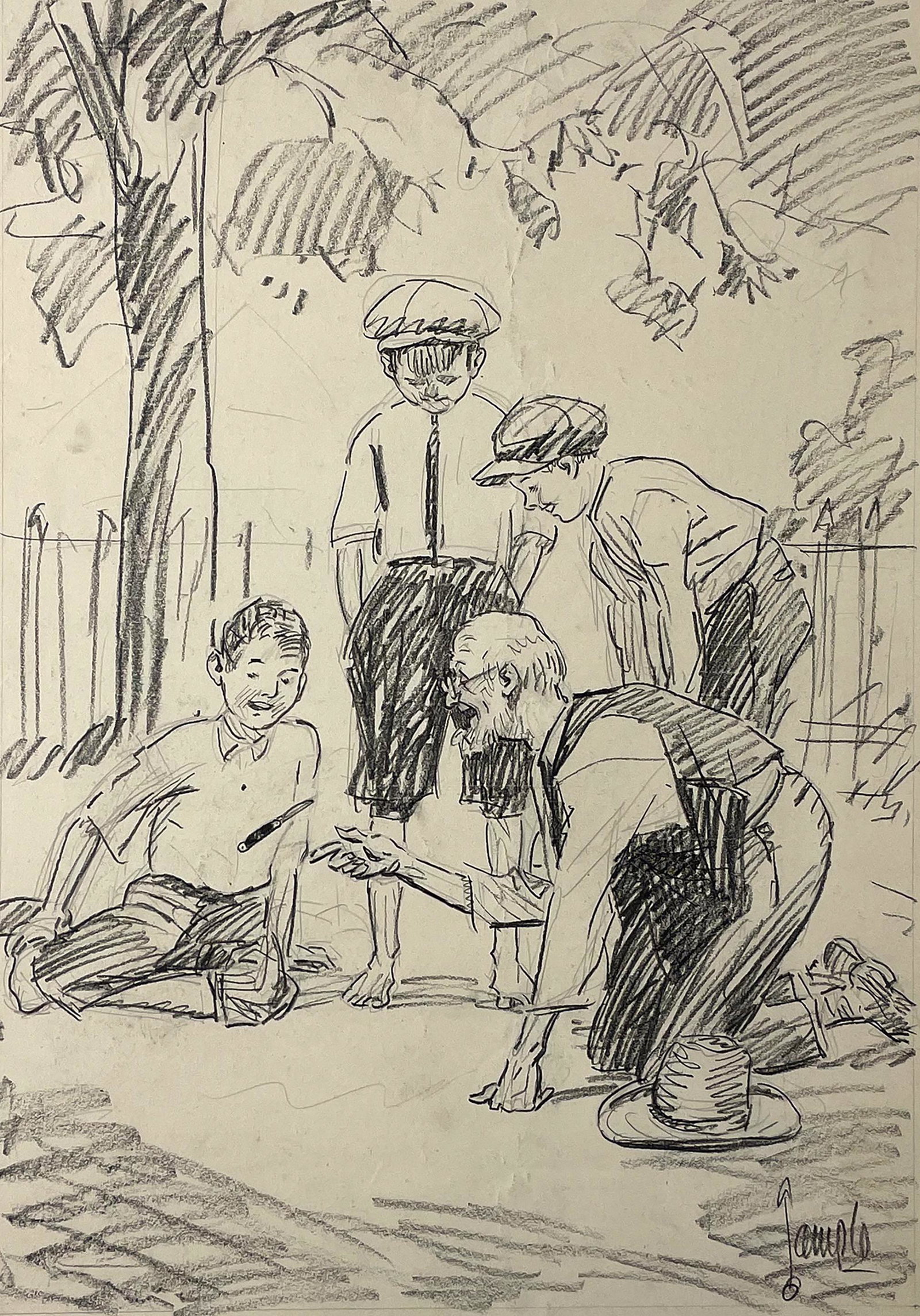 Harry Temple (1881- 1962): "For the Championship - Mumblety-peg"; c. 1940; Graphite on Paper; 15.5" x 10.75"; Signed Lower Right; Unframed.