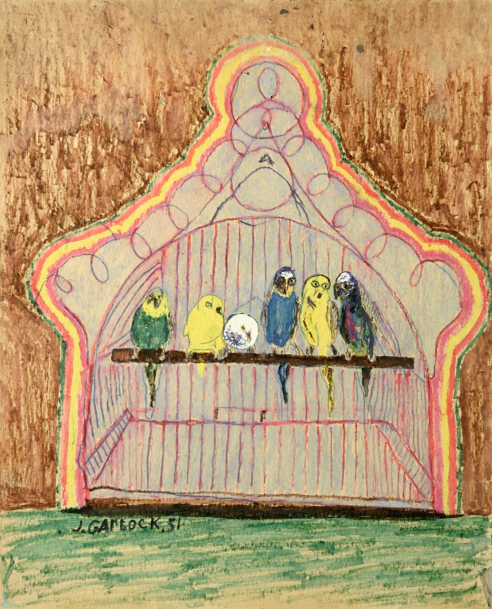 Joseph Garlock (1884 - 1980): "Parakeets"; 1951; Market on Board; 15.5" x 11.25"; Signed Lower Left; Framed (under glass).