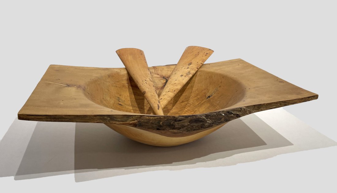 Dan Stinson (Stinson Studios): Maple Salad Bowl with Salad Servers; c. 1990; Carved Maple; 5" x 21.25" x 14"; Signed on Bottom.