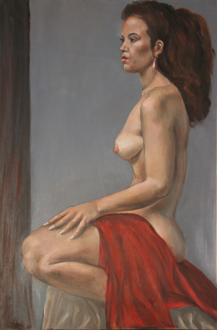 Female Nude with Pink Earring: Artist: Louis Witkin (1913-2010); Oil on Canvas, c.1955 (unframed); Unsigned;Dimensions [36"x24"]