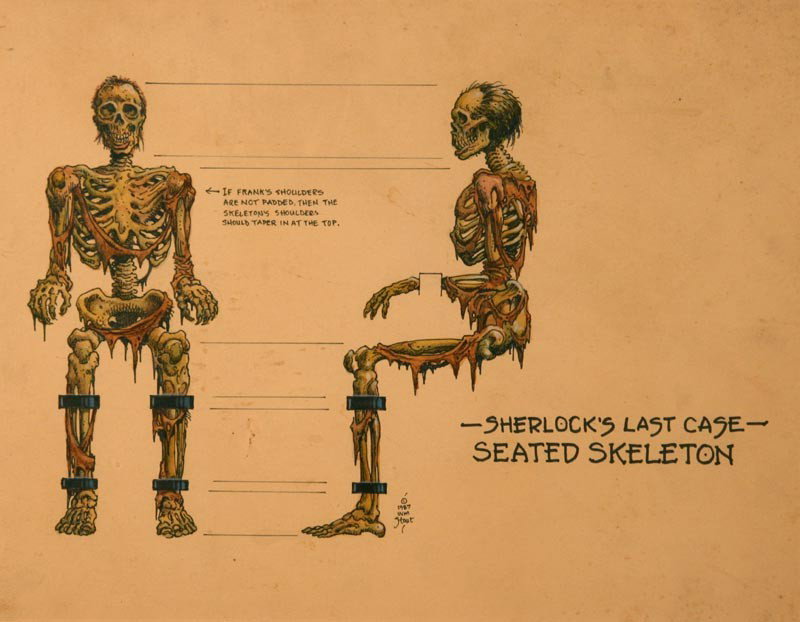 Sherlock's Last Case, Seated Skeleton: Artist: William Stout (b.1949); Original Art for Theatrical Prop, Ink and gouache on Paper, 1987 (framed); Light stains throught. Mild foxing LR quadrant; Signed Lower Center; Dimensions [14"x18"]