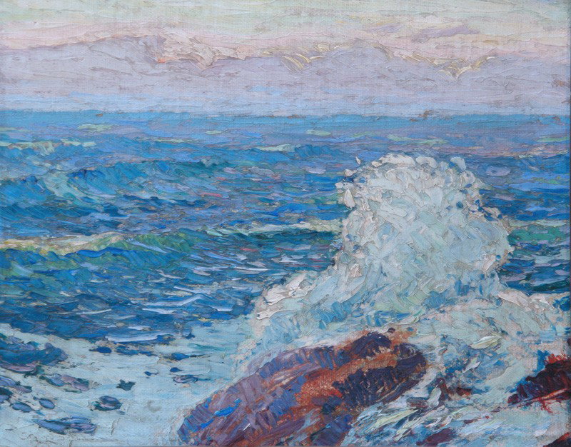 Crashing Wave: Artist: Sigurd Skou (d. 1929); Oil on Board (framed); Circa 1920; Signed lower right;Dimensions [10"x13"]Norwegian American artist.