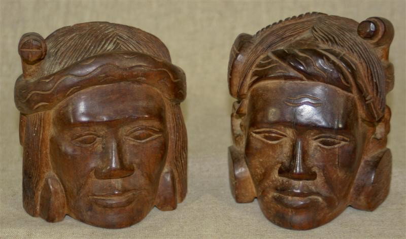Two Native American Heads: Artist: Unknown; Wood; Dimensions [5" x 4.5" each]
