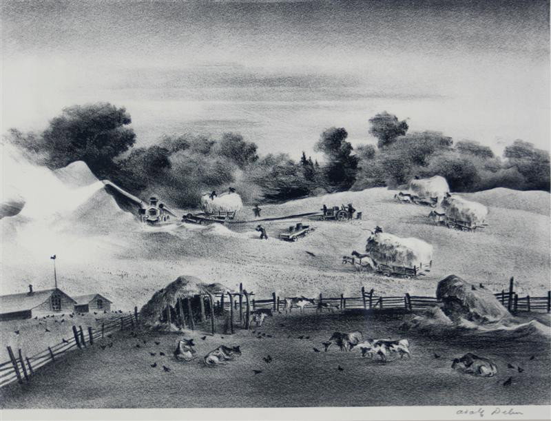 Threshing Scene: Artist: Adolf Dehn (1895-1968); Lithograph, 1938; Edition 162; Dimensions [9.5"x13"] Signed lower right.