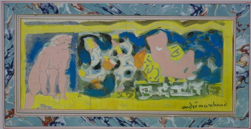 Composition with Female Figures: Artist: Andre Marchand (1907-1997); Collage, c. 1950 (framed); Signed Lower Right;Dimensions [4.5"x10.5"]