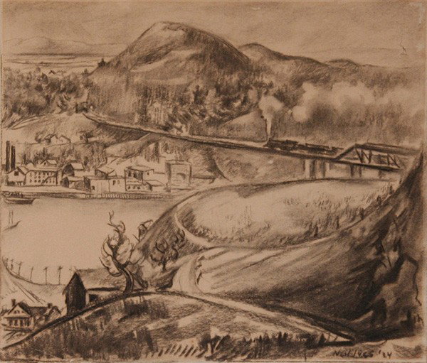 Railroad Bridge: Artist: Neil Ives (1890-1946); Charcoal on Paper (framed); Signed Lower Right; Dimensions [9.5"x11"]