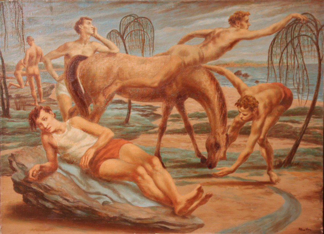 Six Youths with Horse: Artist: John Fenton (1912-1977); Oil on Canavs; Signed Lower Right;Dimensions [22"x30"]