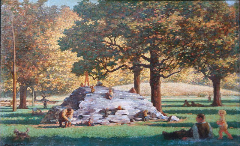 Rock in Central Park: Artist: James Chapin (1887-1975); Oil on Canvas, 1940 (framed); Hirschl & Adler, New York, label on verso.; Signed Lower Left; Dimensions [21"x33"]