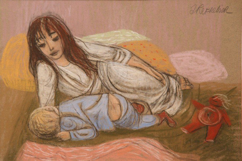 Woman and Child Sleeping: Artist: Anton Refregier (1905-1979); Pastel on Paper (framed); Signed Upper Right; Dimensions [11"x15.25"]