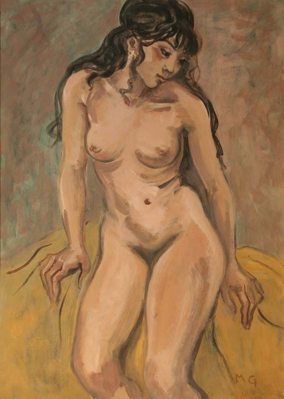 Bathsheba: Artist: Marion Greenwood (1909-1970); Oil on Paper, c. 1950 (framed); small tear at left; Initialed Lower Right; Dimensions [31"x21.5"]