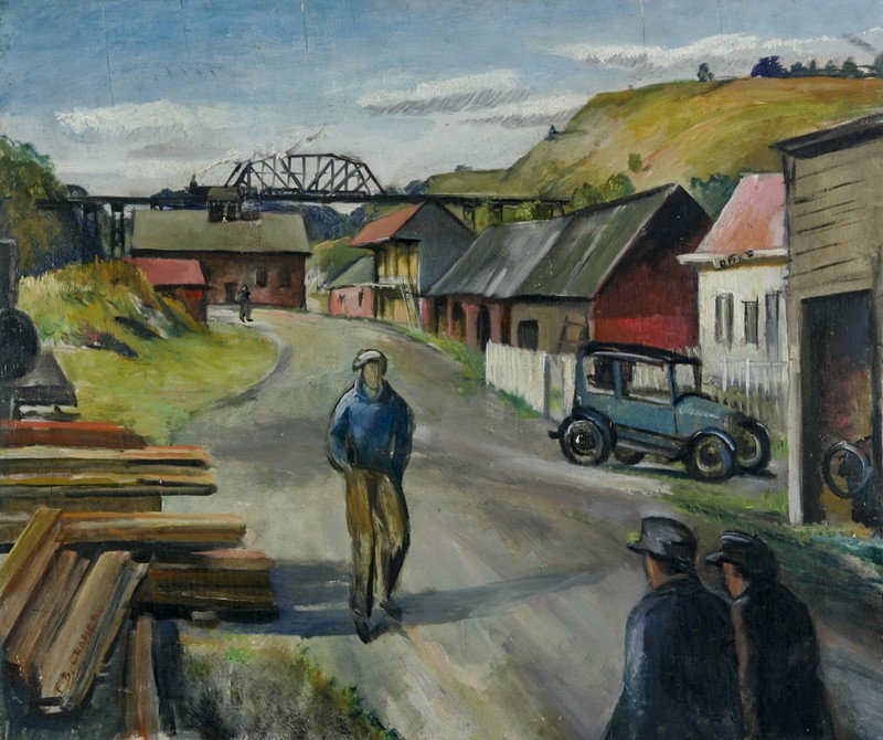 Under the Railway Bridge: Artist: Florence B. Cramer (1884-1962); Oil on Board (framed); Signed Lower Left; Dimensions [20"x24"]