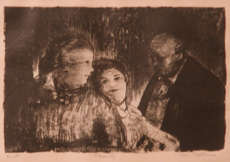 Family: Artist: George Bellows (1882-1925); Lithograph, 1916 (framed); Jo Aarons Gallery, Rhinebeck, label on verso. Provenance: Alice Lewis/James Cox; Edition 68/87; Signed Lower Right; Dimensions [4.75"x7"]