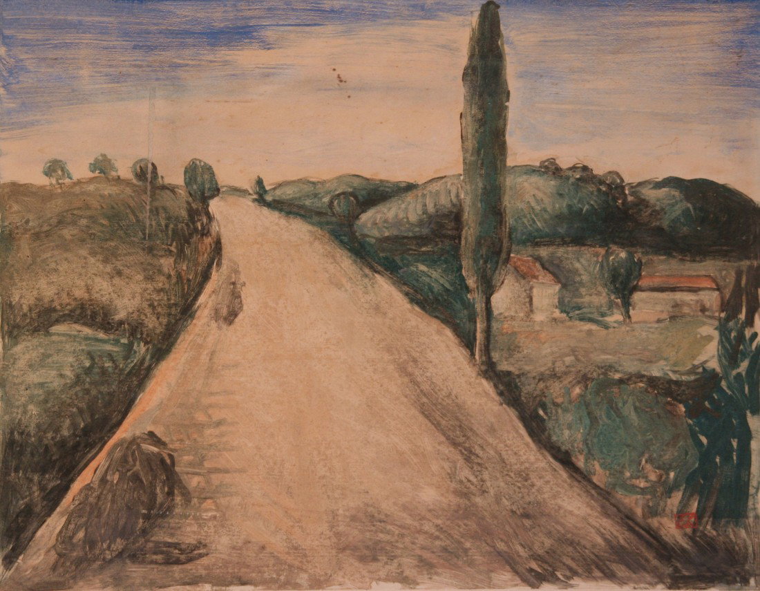 Italian Road: Artist: Ernest Lawson (1873-1939); Rare Color Lithograph (unframed); Artist's monogram lower right; Dimensions [16"x20.5"]