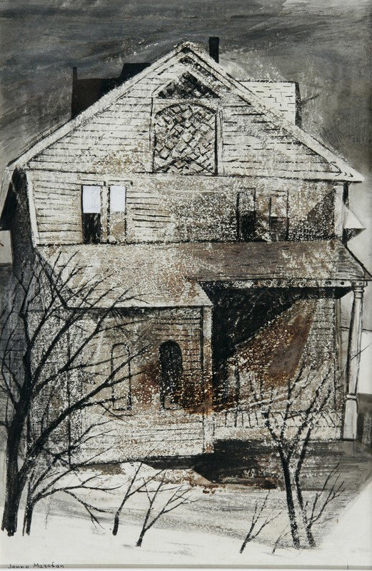 House in the Snow: Artist: Jenne Magafan (1916-1952); Watercolor and Ink on Paper (framed); Signed Lower Right; Dimensions [20.75"x13.5"]