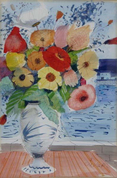 Bouquet sur le Balcon: Artist: Charles Levier (1920-2004); Watercolor on Paper, 1980 (framed); Signed Lower Right; Dimensions [21"x14"]