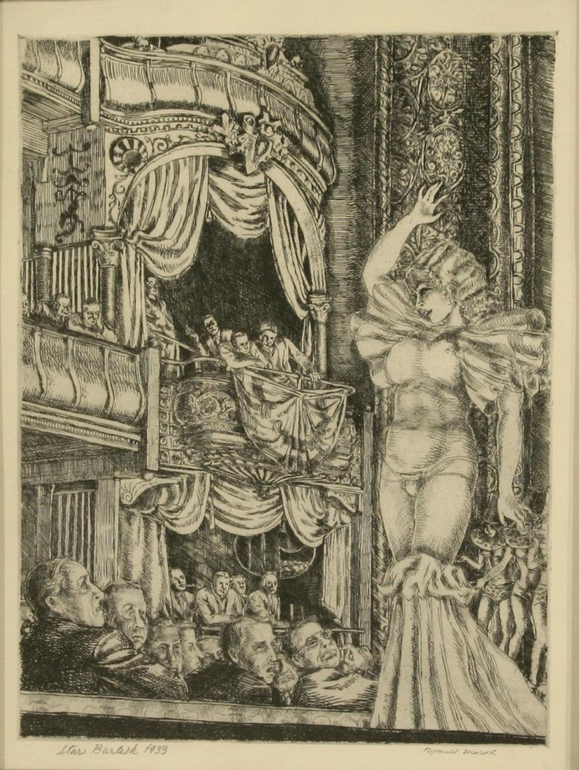 Reginald Marsh (1898 - 1954): "Star Burlesque"; 1933; Lithograph; 10.25" x 7.5"; Signed Lower Right; Framed (under glass); Note: Printed for the 1939 spiral-bound volume â€œA Treasury of American Prints” (New York: Simon