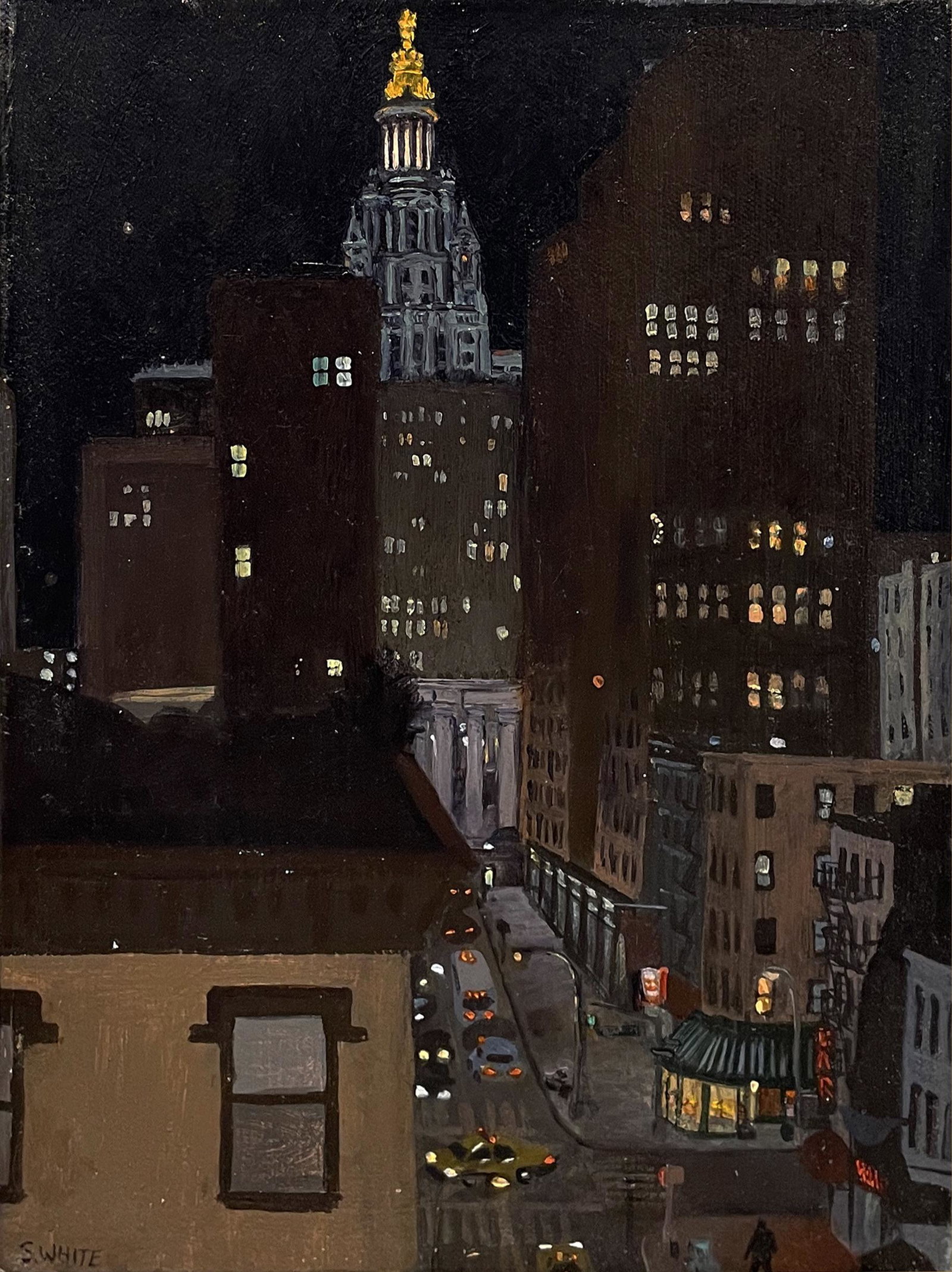 S. White: "City at Night"; 20th Century; Oil on Canvas; 9" x 12"; Signed Lower Left; Framed.