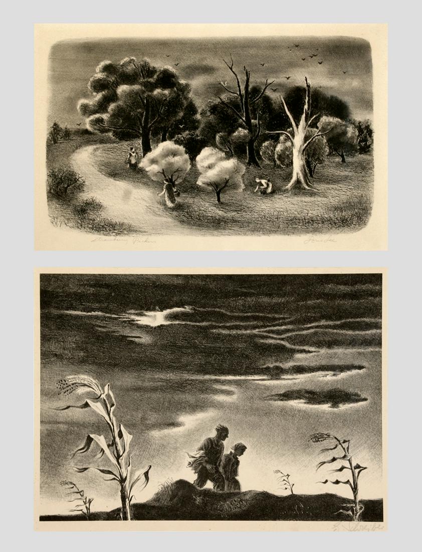 Doris Lee (1905 - 1983) & Georges Schreiber (1904 - 1977): LOT OF TWO: A. Doris Lee (1905 - 1983); "Strawberry Pickers"; 1938; Lithograph; 10" x 15.5"; Signed Lower Right; Framed (under glass) / B. Georges Schreiber (1904 - 1977); "Twilight"; 1942; Lithograph