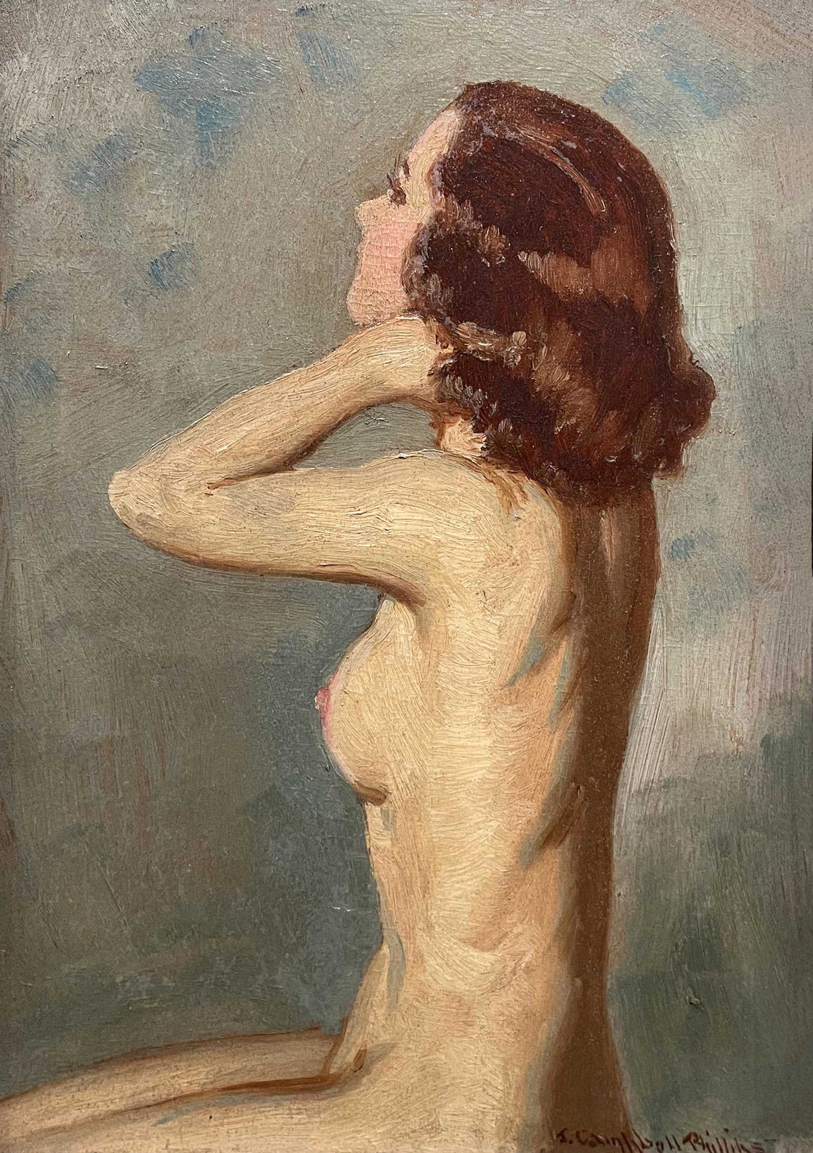 John Campbell Phillips (1873 - 1949): "Seated Nude"; c. 1930: Oil on Board; 10" x 7.25"; Signed Lower Right; Framed; Note: faint portrait on verso.