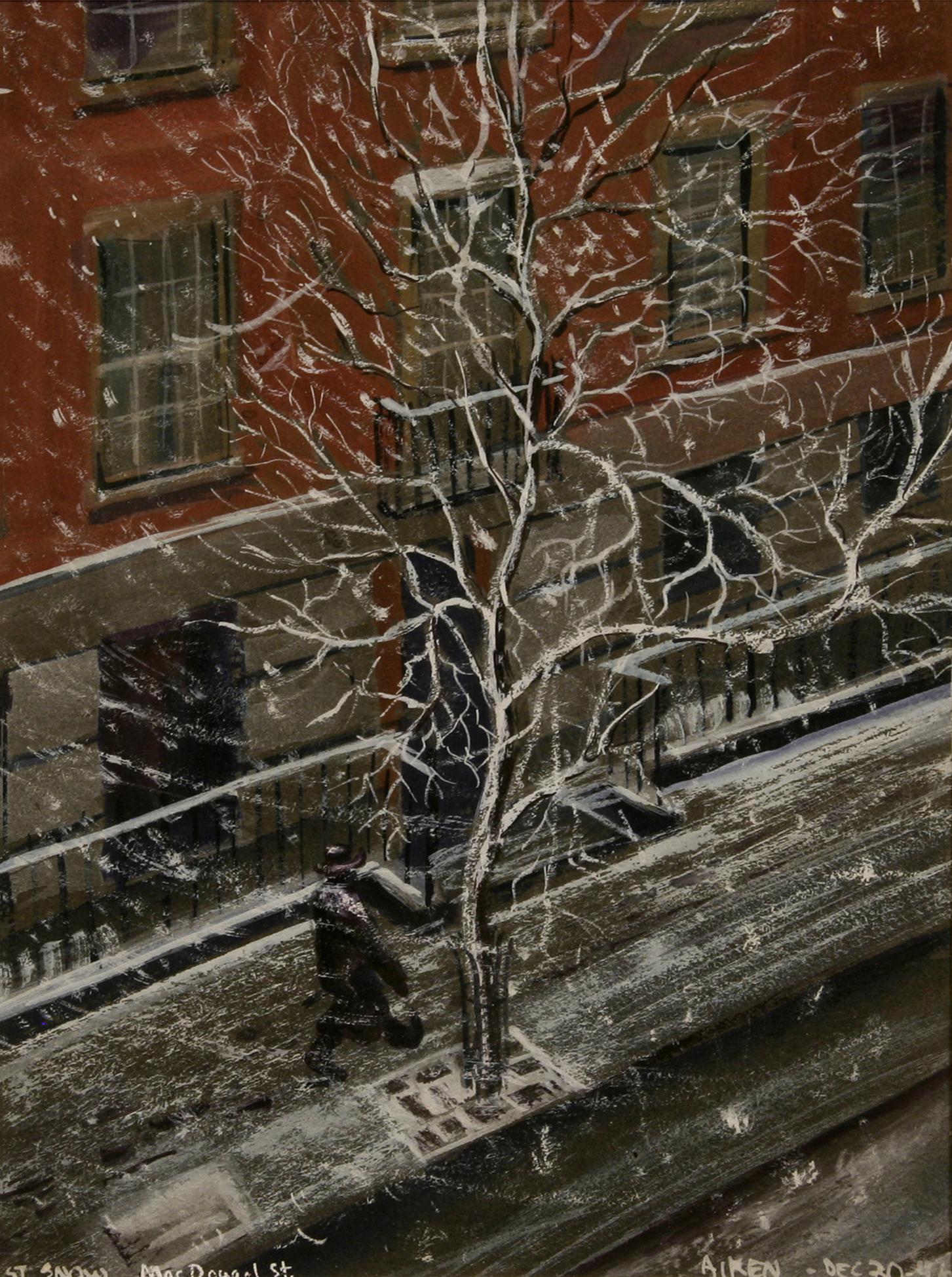 Aiken (?): "1st Snow - MacDougal Street"; 1946; Gouache on Paper; 9" x 6.75"; Signed Lower Right; Framed (under glass).