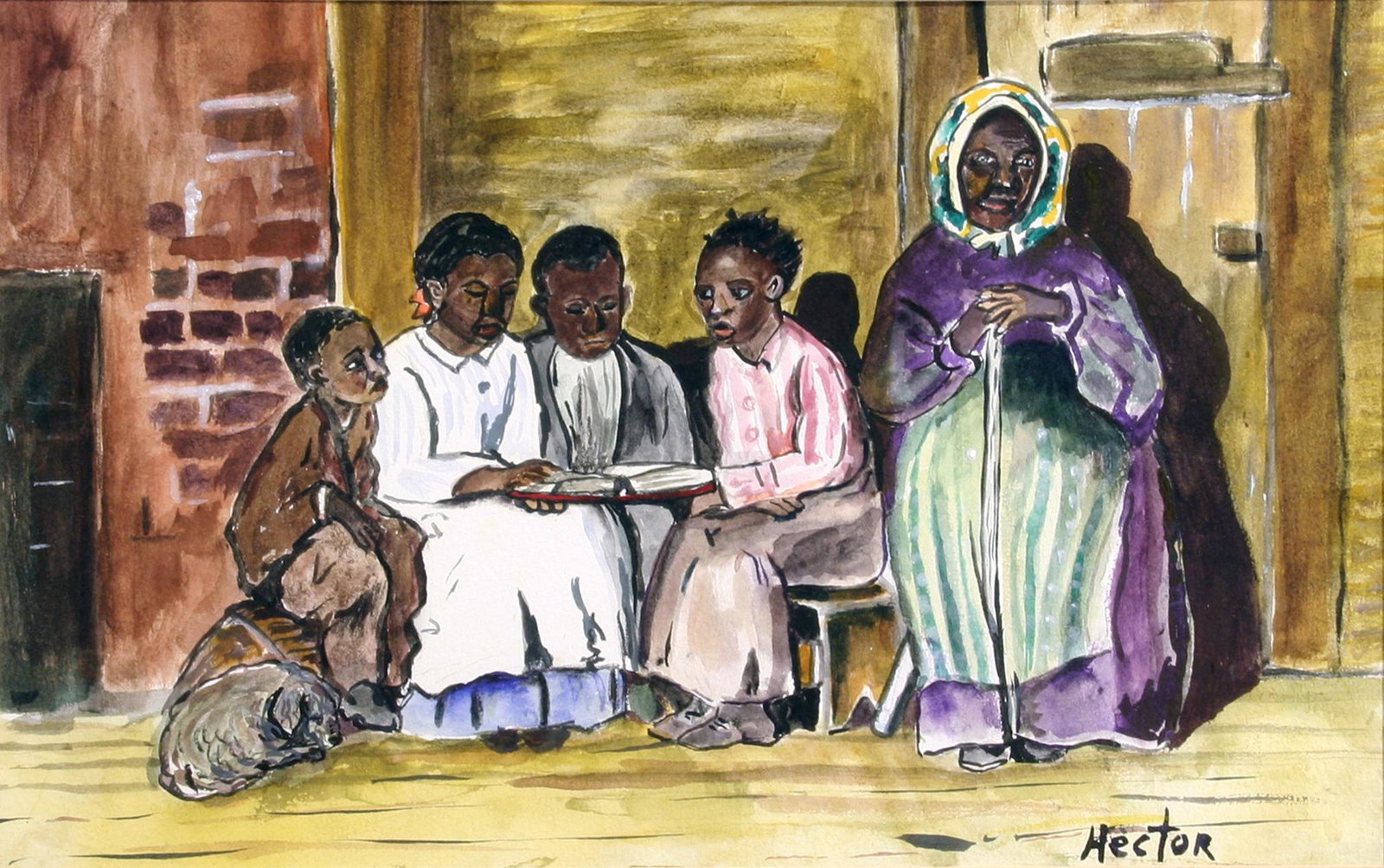 Hector (?): "Family Reading"; 20th Century; Watercolor on Paper; 8.5" x 14"; Signed Lower Right; Framed (under glass).