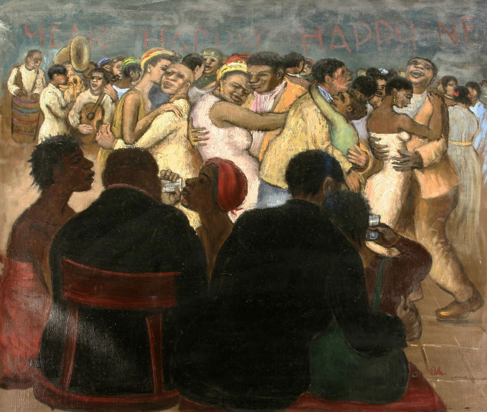 Albert Pels (1910 - 1998): "Cotton Club Dance - Happy New Year"; c. 1980; Oil on Canvas (unstretched); 21" x 25"; Signed Lower Right; Framed (under glass).
