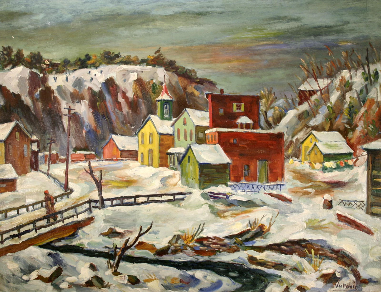 Marko Vukovic (1892 - 1973): "Along the Rondout in Winter"; c. 1960; Oil on Canvas; 27.25" x 35.5"; Signed Lower Right; Framed.