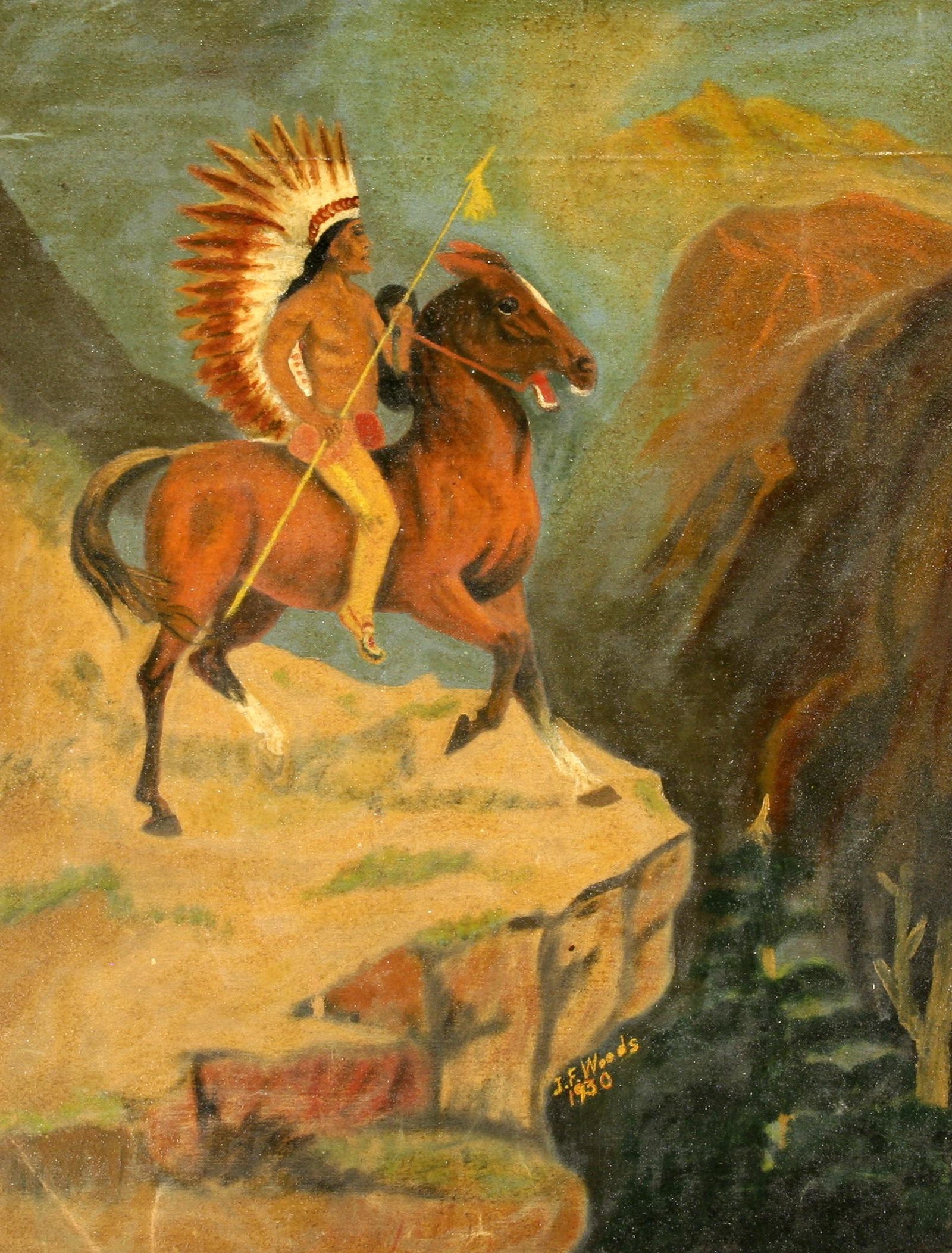 J. F. Woods: "Warrior"; 1930; Oil on Canvas (unstretched); 19" x 14.5"; Signed Lower Right; Framed (under glass).