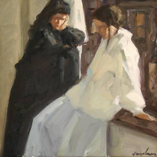 Richard Segalman (1934 - 2021): "Two Women"; 20th Century; Oil on Canvas; 12.75" x 12.75"; Signed Lower Right; Framed.