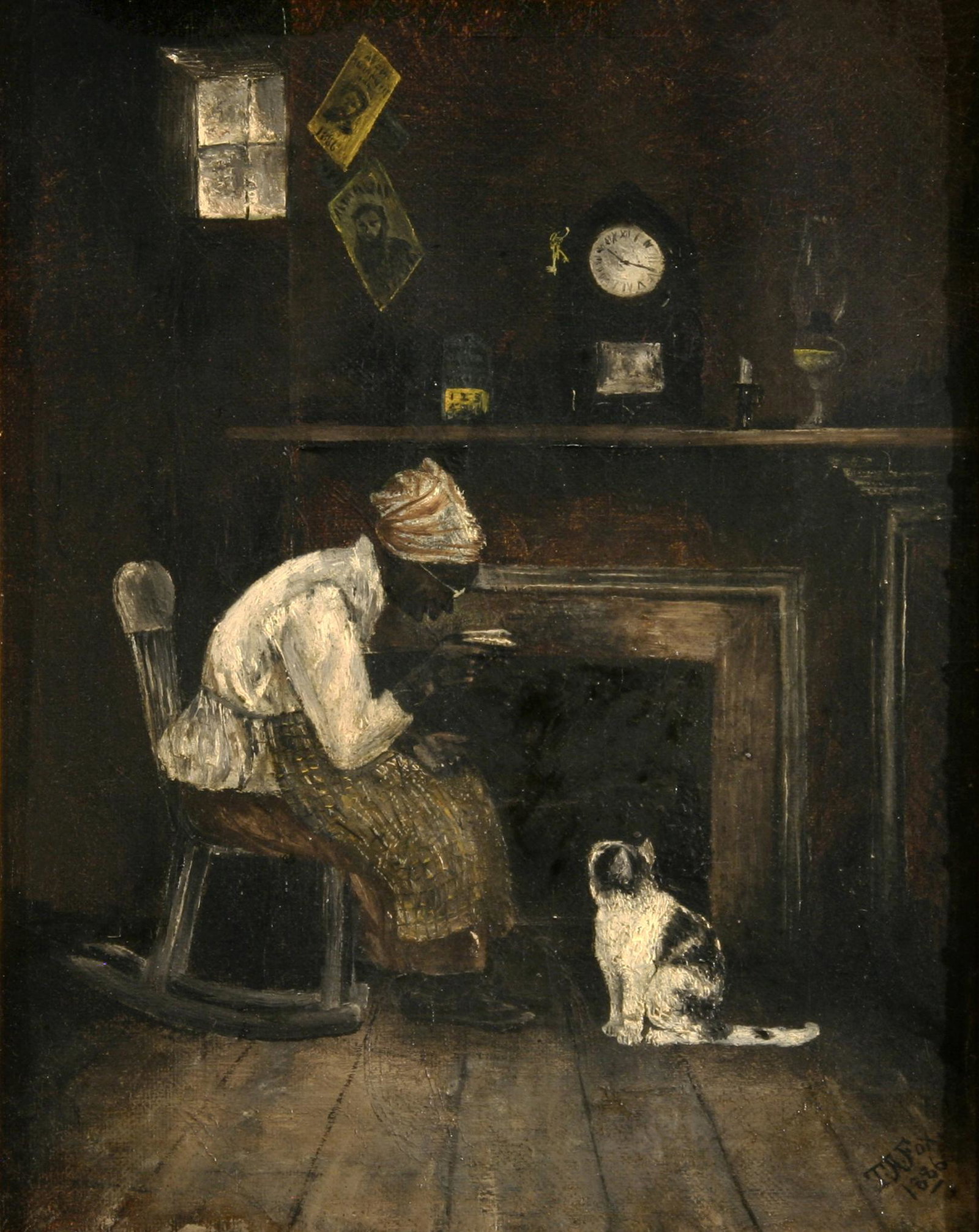 T. A. Fox: "Woman With Cat"; 1886; Oil on Canvas; 9.5" x 7.5"; Signed Lower Right; Framed.