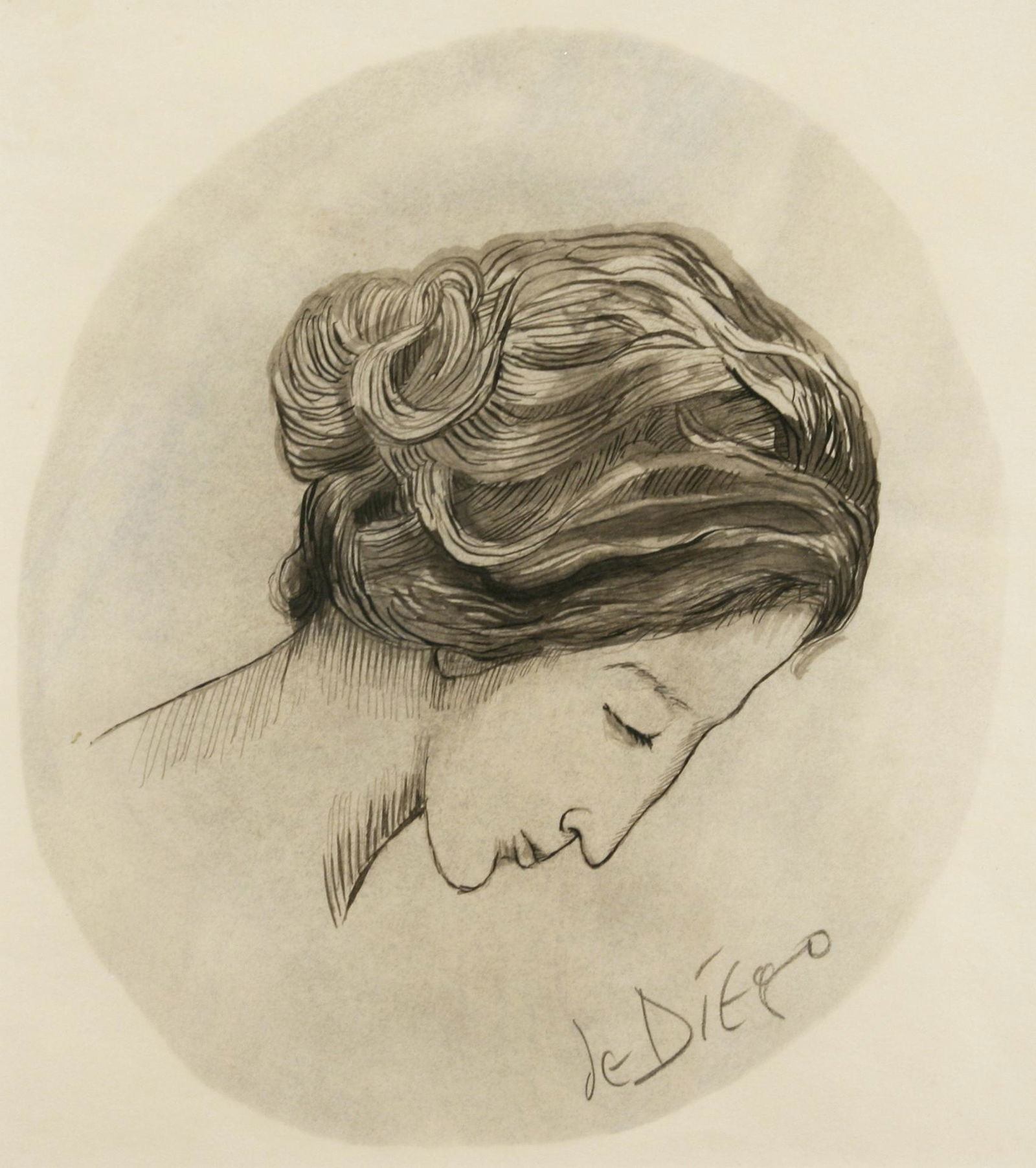 Julio de Diego (1900 - 1979): "Profile"; c. 1960; Ink Wash on Paper; 9.75" x 8.5"; Signed Lower Right; Framed (under glass).