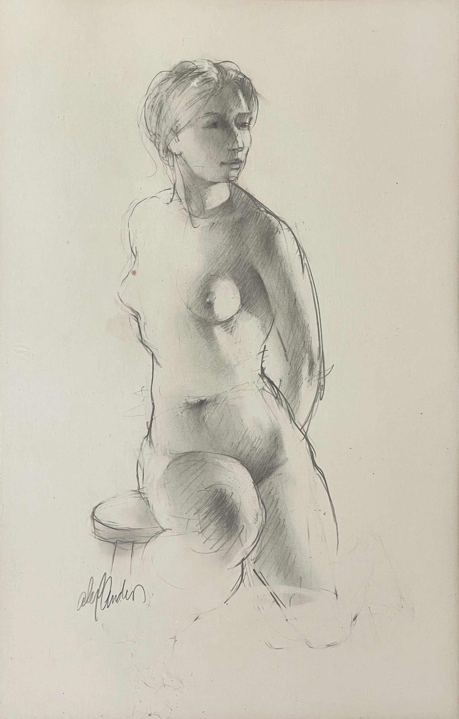 Franklin Alexander (1897-1993): "Female Nude"; c. 1980; Graphite on Paper; 11.5" x 7.5"; Signed Lower Left; Framed (under glass); Note: "Woodstock Artists Association - Woodstock, NY" label on verso.