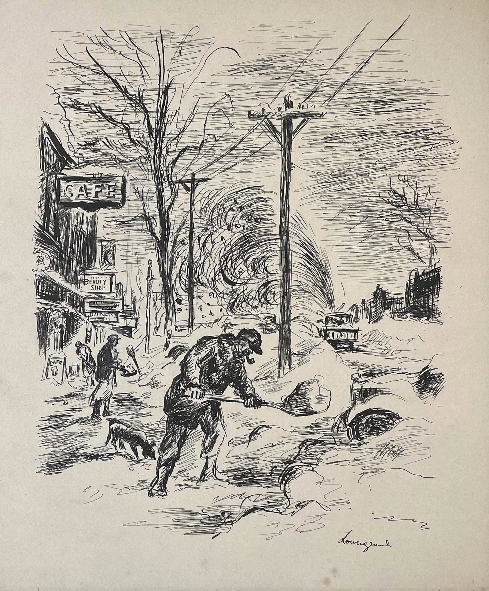 Margaret Lowengrund (1902 - 1957): "Shoveling Snow"; c. 1940; Ink on Paper; 13.5" x 11.5"; Signed Lower Right; Framed (under glass).