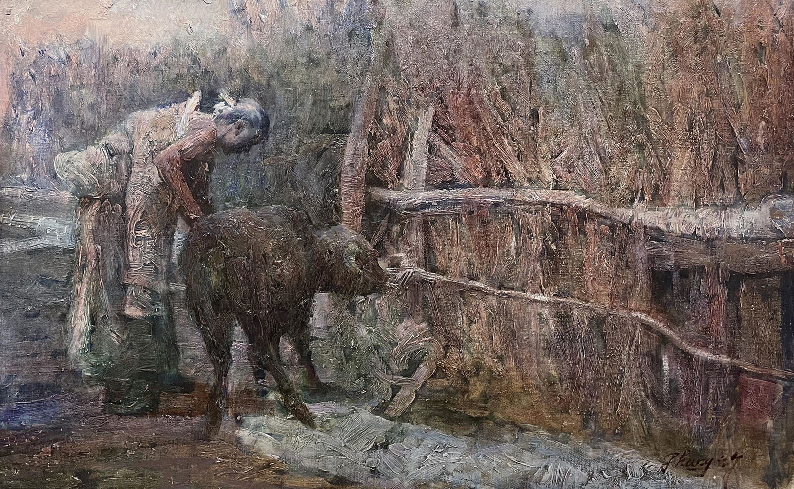 Hongnian Zhang (b. 1947): "Woman with Cow"; 1982; Oil on Canvas; 16.5" x 26.75"; Signed Lower Right; Framed; Note: inscribed on verso "1st trip to Tibet".