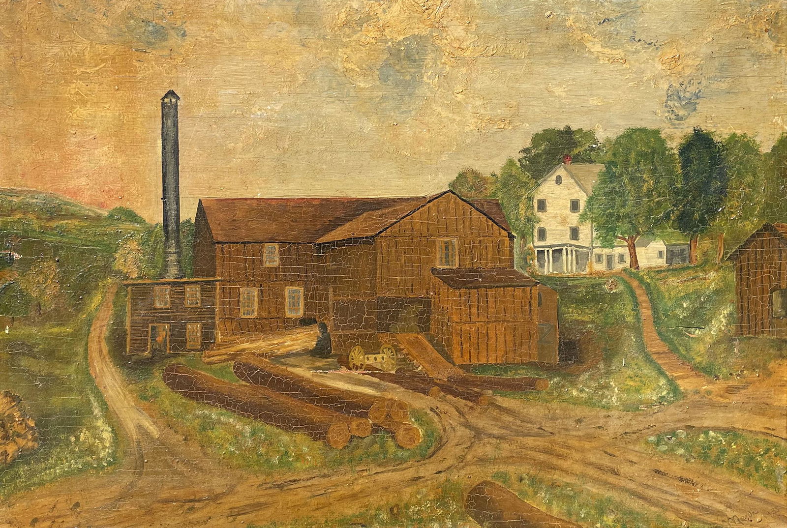 Unknown Artist (Merth?): Mink Hollow Mill and Boarding House"; 1935; Oil on Wood Panel; 15.25" x 22"; Signed Lower Right; Framed; Note: inscribed on verso "Rufus Wilber - Mink Hollow Mill and Boarding House - Noted for Turnin