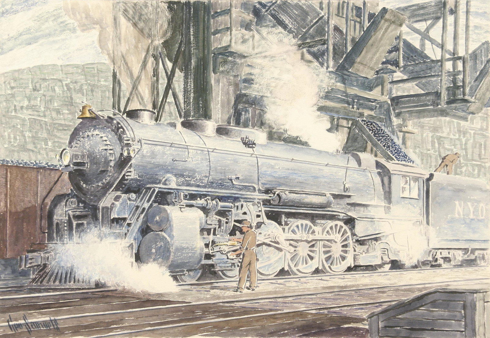 George Samuels: "Train"; n.d.; Watercolor on Paper; 18" x 26"; Signed Lower Left; Framed (under glass).
