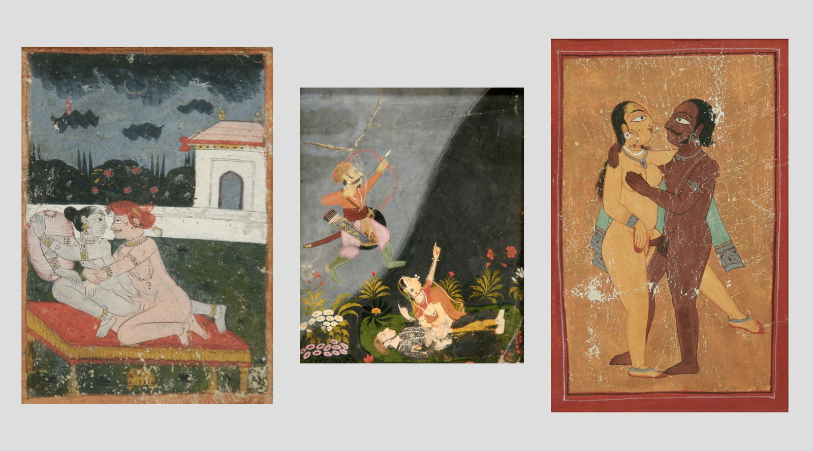 19th Century Erotic Indian Miniatures: LOT OF THREE: 19th Century Erotic Indian Miniature Paintings; Gouache on Paper; 6.25" x 4.5" / 5.75" x 4.75" / 8.25" x 5.25"; Unsigned; Framed (under glass).