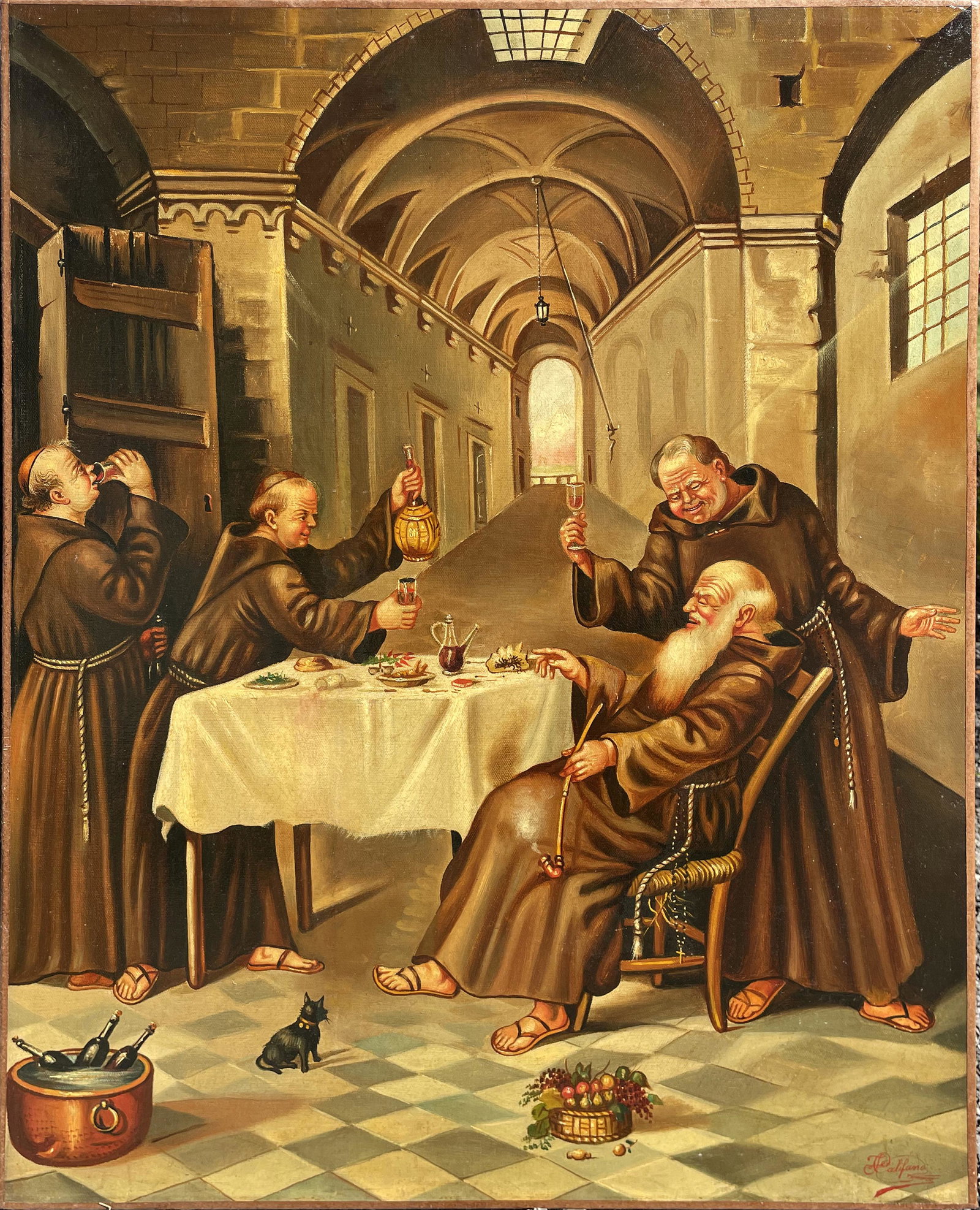 Unknown Artist ('Califano'?): "Merry Friars"; 18th Century; Oil on Canvas; 27" x 22"; Signed Lower Right; Unframed.