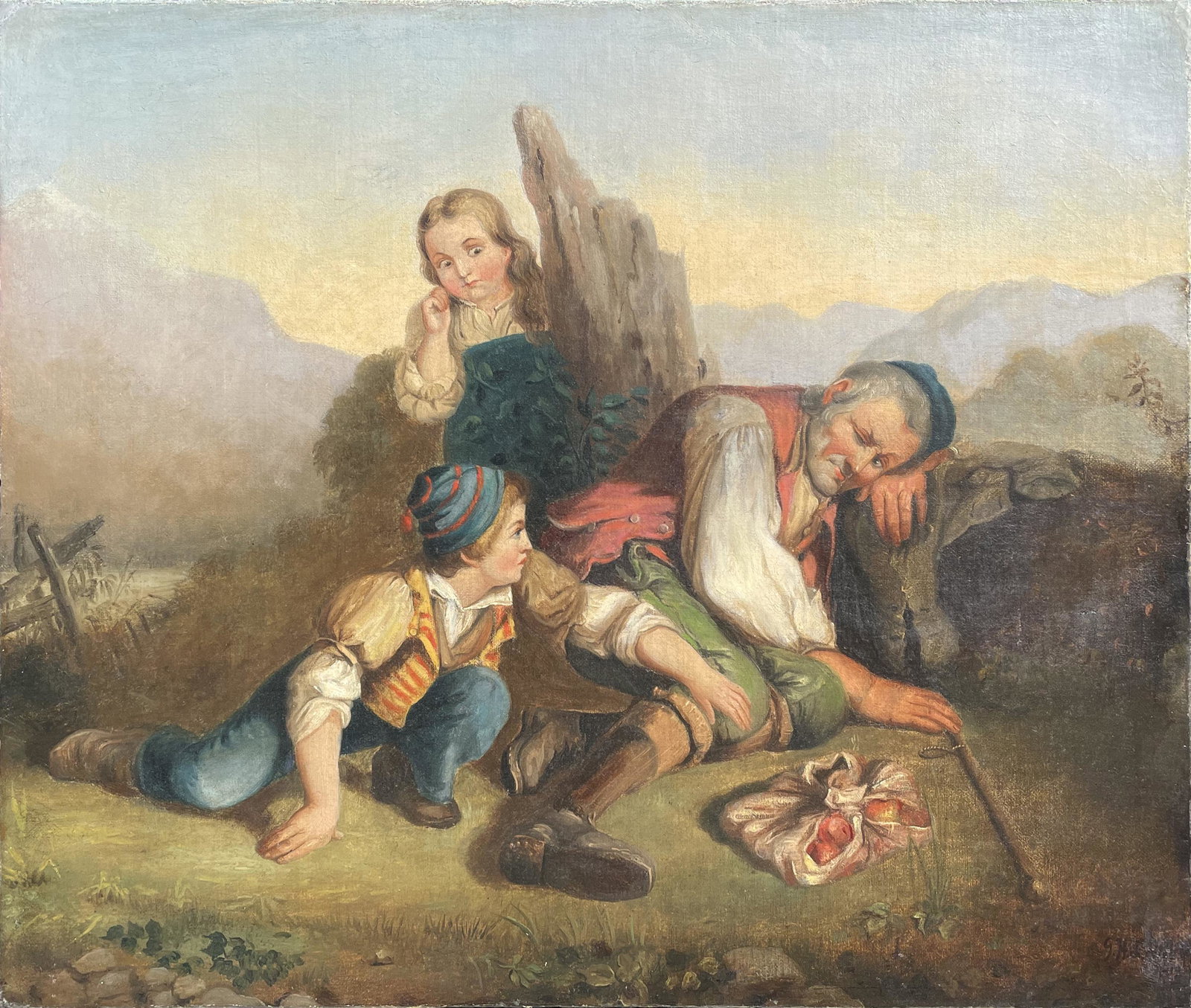 Unknown Artist: "Father and Two Kids"; 1819; Oil on Canvas; 17" x 20"; Signed Lower Right; Unframed.