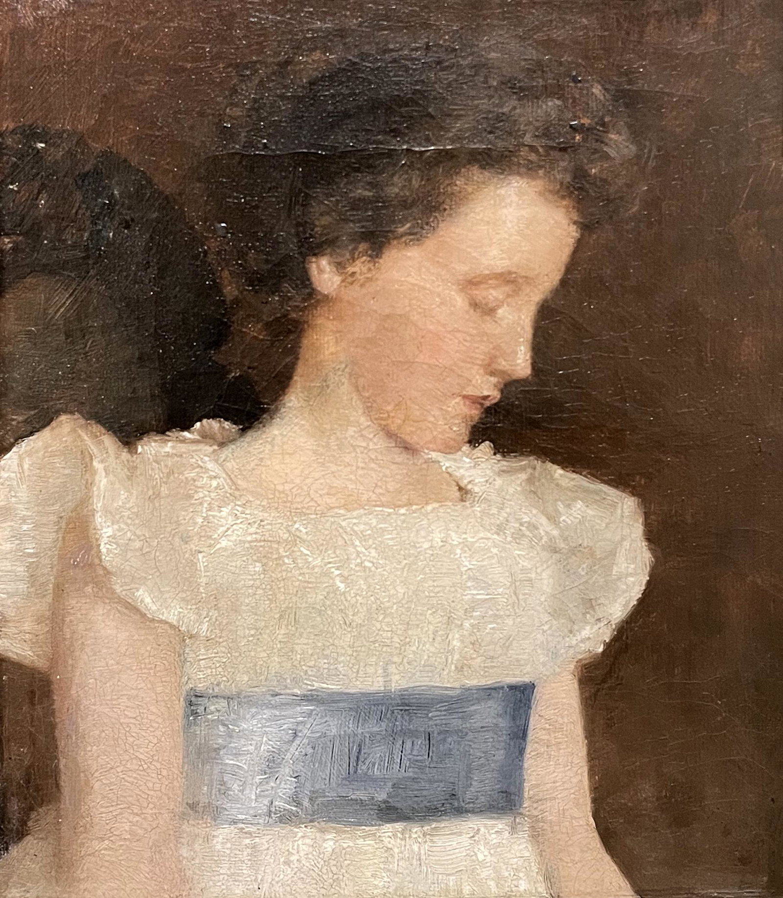 Unknown Artist: "Portrait of a Young Girl"; n.d.; Oil on Canvas; 7.25" x 6.25"; Unsigned; Framed.