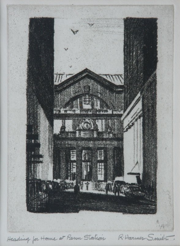 R. Harmer Smith, Heading Home at Penn Station: R. Harmer Smith (20th Century), Soft Ground Etching, c. 1960's, SLR, Framed, 8 x 5.5