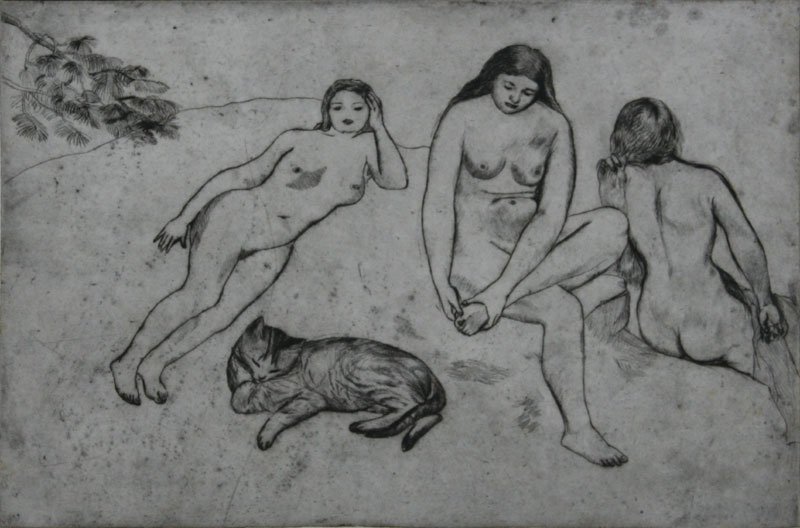 Rosella Hartman, Three Women and Cat: Rosella Hartman (1895-1993) Etching, 1928, SLR, Unframed, 8 x 12
