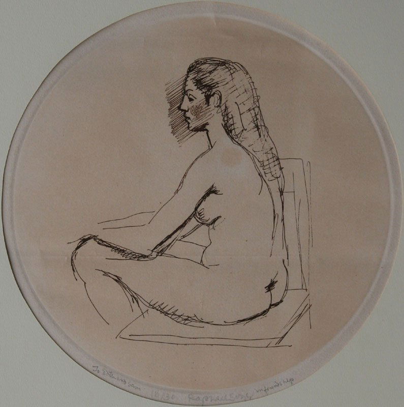 A&B: Raphael Soyer, Etchings: Raphael Soyer (1889-1987) A. Seated Nudes, Drypoint or Soft Ground Etching, c. 1960, 18/30, SLC, Framed, 10" Diameter B. Portrait of a Woman, Etching, c. 1960, 10/30, SLR, Framed, 7.5 x 5.5. Estimate