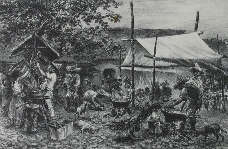 Ira Moskowitz, Mercado de Carne: Ira Moskowitz (1912-2001) Lithograph, 1942, Signed & Dated LR, Titled LL, Unframed, 8.5 x 10.5. Inscribed Lower Center: To my very good friends Mr. and Mrs. Sidney Berkowitz