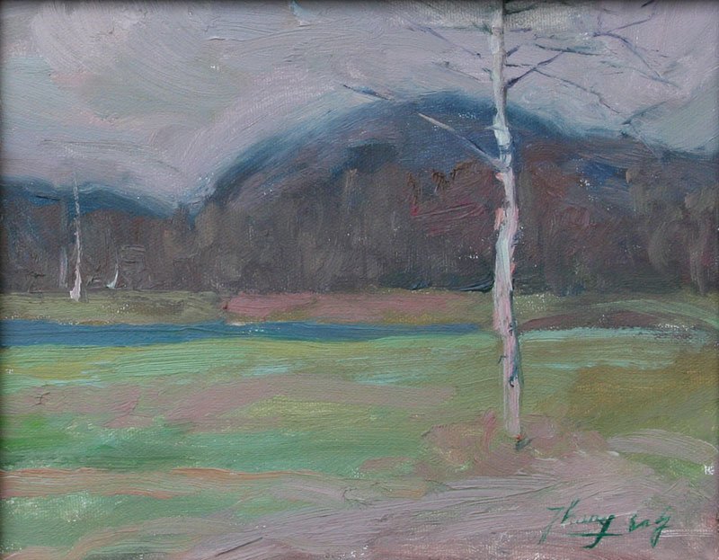Hong Nian Zhang, Lone Birch with Overlook: Hong Nian Zhang (b. 1947), Oil on Canvas, c. 1995, SLR, Framed, 8 x 10