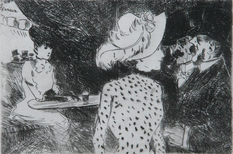 Jean Louis Forain, At the Café: Jean Louis Forain (1852-1931) Etching, 1900, SUL, Framed, 4 x 5.5