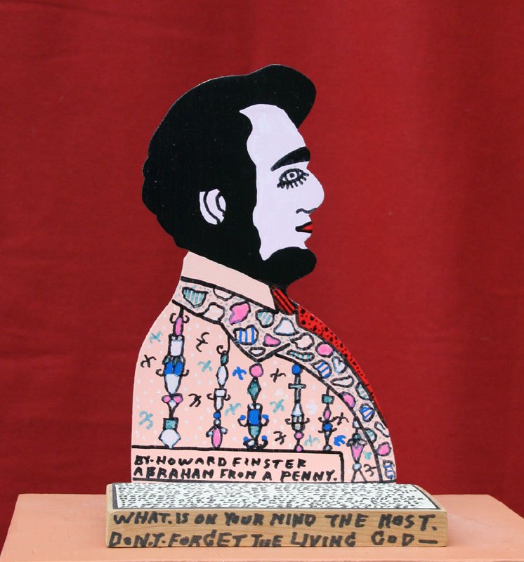 Howard Finster, Abraham (Lincoln) from a Penny: Howard Finster (1916-2001), Polychromed Wood, 1992, Signed on Verso/Dated 1992 on Verso, Unframed, 10" H