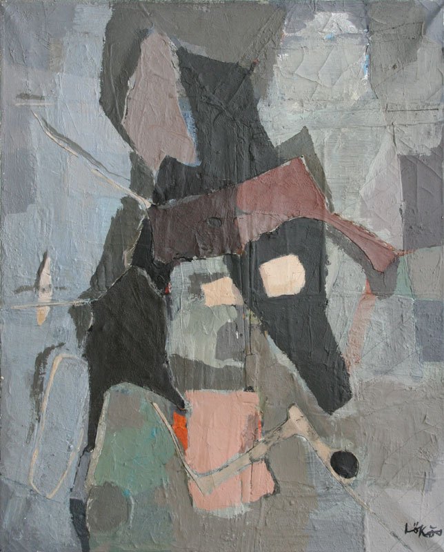 Stefan Lokos, Untitled: Stefan Lokos (1913-1994) Oil on Canvas with collage, c. 1985, SLR, Framed, 30 x 24